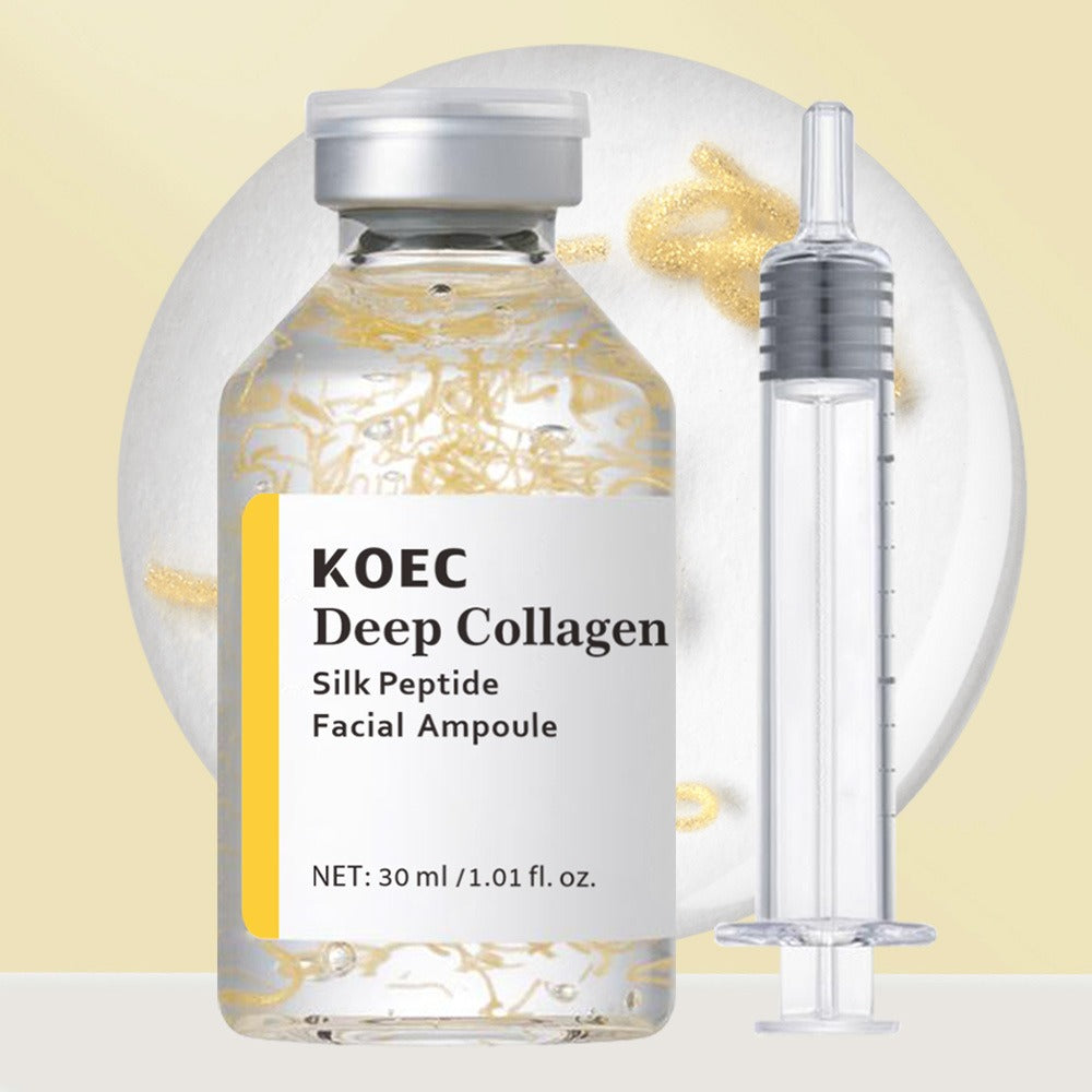 KOEC Deep Collagen Silk Peptide Facial Ampoule with syringe on a beige background