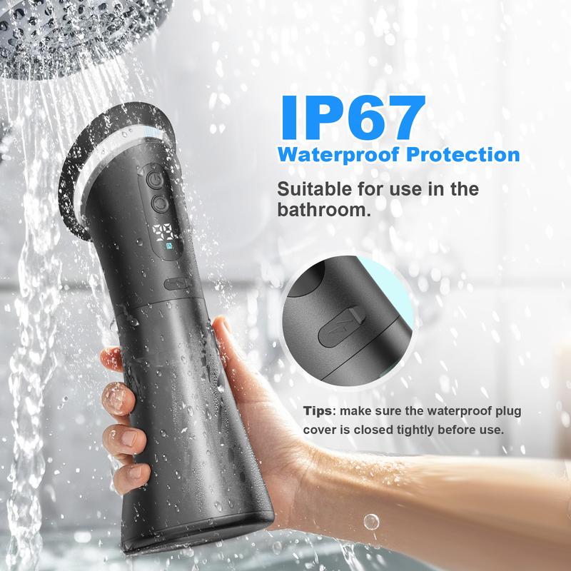 Handheld shower head with IP67 waterproof protection rating, held under running water.
