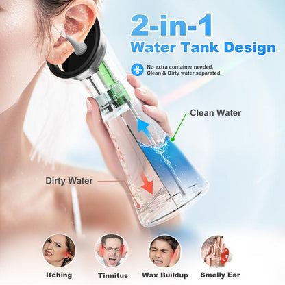 Ear cleaning device with water tank design, showing clean and dirty water separation.