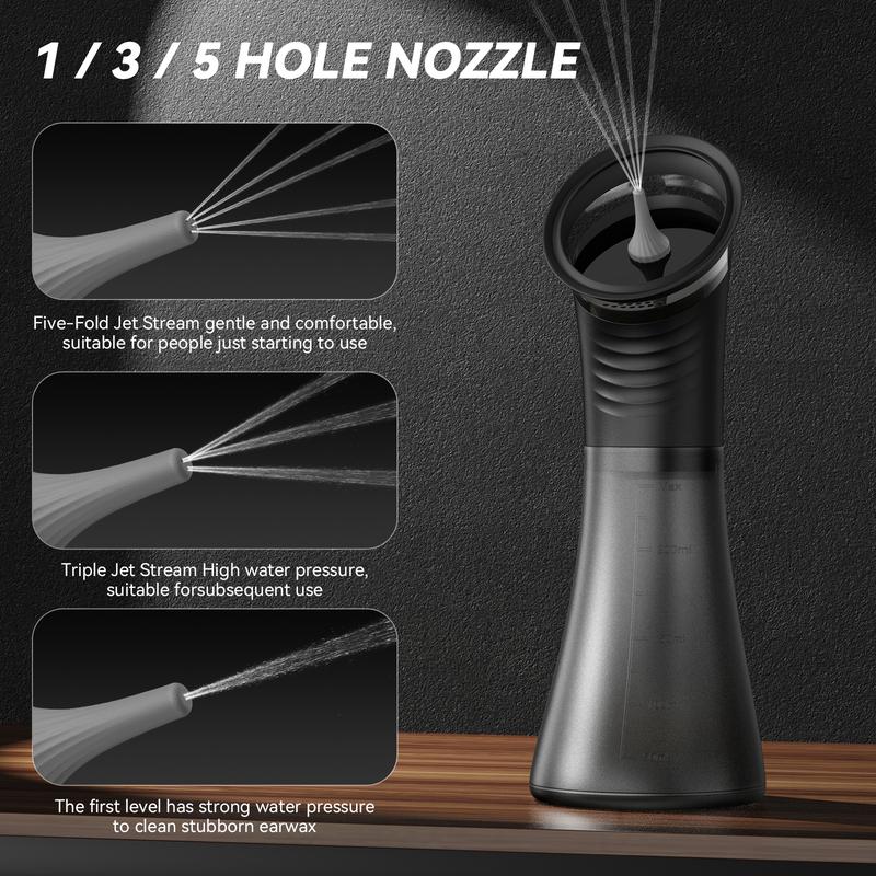Black ear cleaning tool with nozzle and water jet streams on a dark background