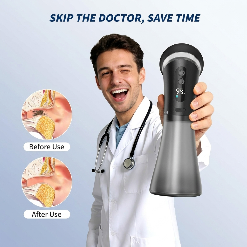 Person in a white coat holding a handheld device with text 'Skip the Doctor, Save Time' and before/after images of skin.