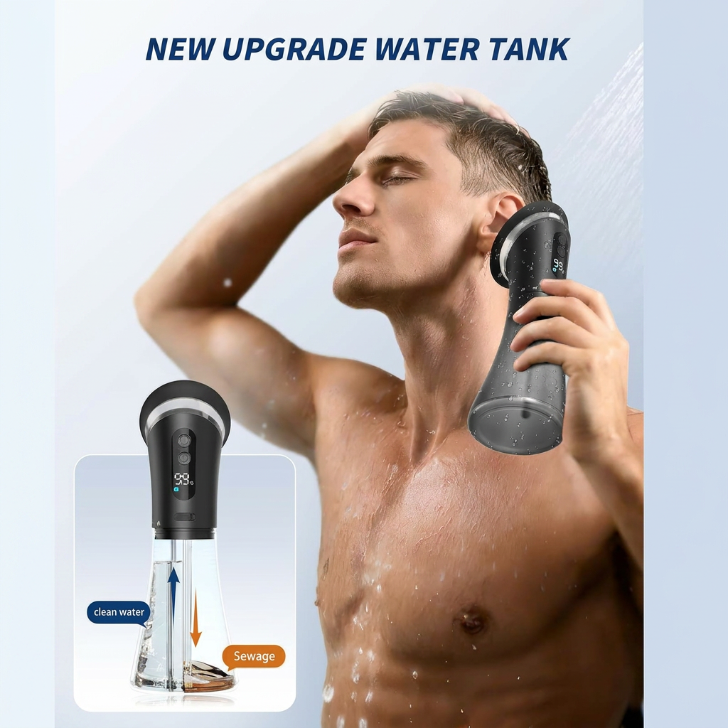 Man using a handheld showerhead with a 'New Upgrade Water Tank' label on a light blue background.