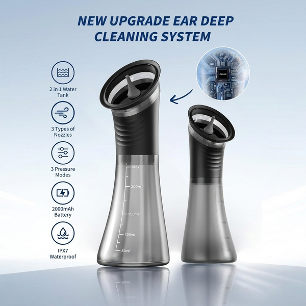 Ear cleaning system with features listed on a blue background