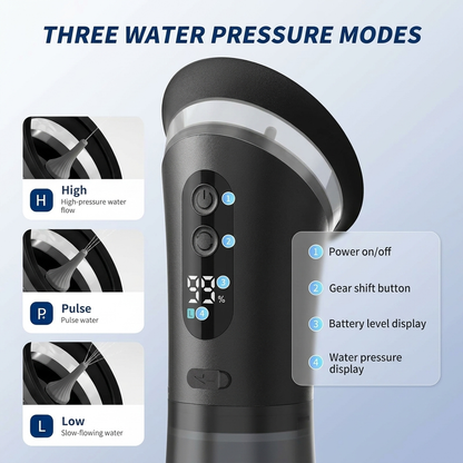Black handheld device with water pressure modes on a light blue background