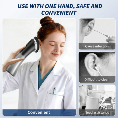 Woman in a lab coat using an ear cleaning tool with text highlighting its convenience and safety.